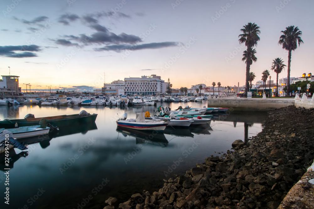 marina of Faro city at sunset