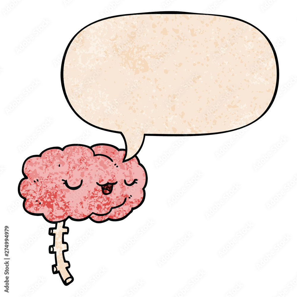 happy cartoon brain and speech bubble in retro texture style happy cartoon brain and speech bubble in retro texture style