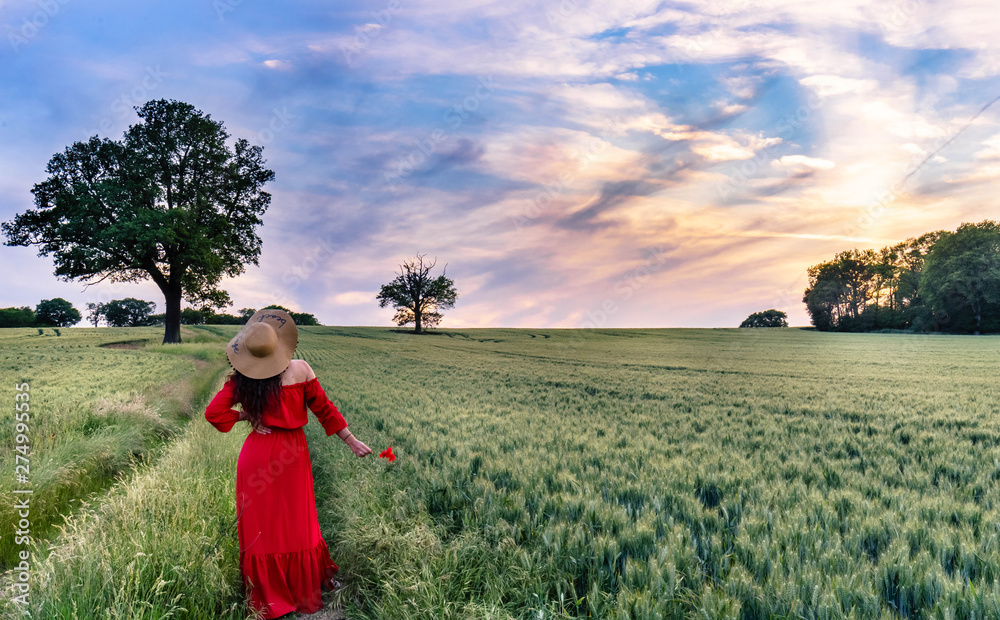 Portrait of a beautiful young woman in red dress on meadow watching the sunset enjoying nature Portrait of a beautiful young woman in red dress on meadow watching the sunset enjoying nature