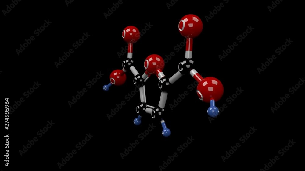 Furandicarboxylic acid molecule. Molecular structure of FDCA, potential sustainable monomer for polyester manufacturing. Alpha channel. Furandicarboxylic acid molecule. Molecular structure of FDCA, potential sustainable monomer for polyester manufacturing. Alpha channel.