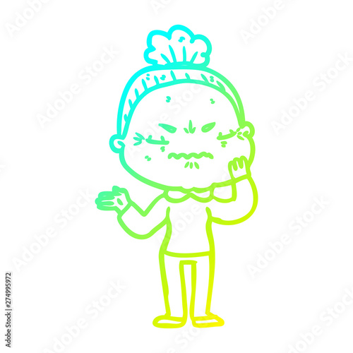 cold gradient line drawing cartoon annoyed old lady