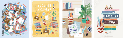 Back to school! Cute vector illustrations for a poster, banner or card with objects: background with text, school, desk with lessons, stationery, books, textbooks, pen, ruler, marker, eraser
