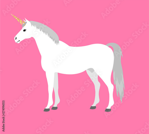 Vector flat cartoon white unicorn isolated on pink background