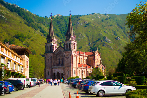 Facade of the Basilica de Santa Maria la Real de Covadonga (or Basilica of Covadonga) in Cangas de Onis, Asturias, Spain. Popular holy icon of the reconquest of Spain by Pelayo