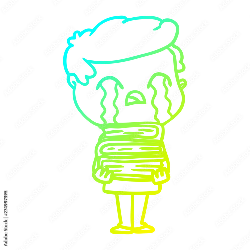 cold gradient line drawing cartoon man crying over stack of books cold gradient line drawing cartoon man crying over stack of books