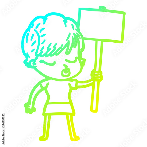 cold gradient line drawing cartoon woman with eyes shut