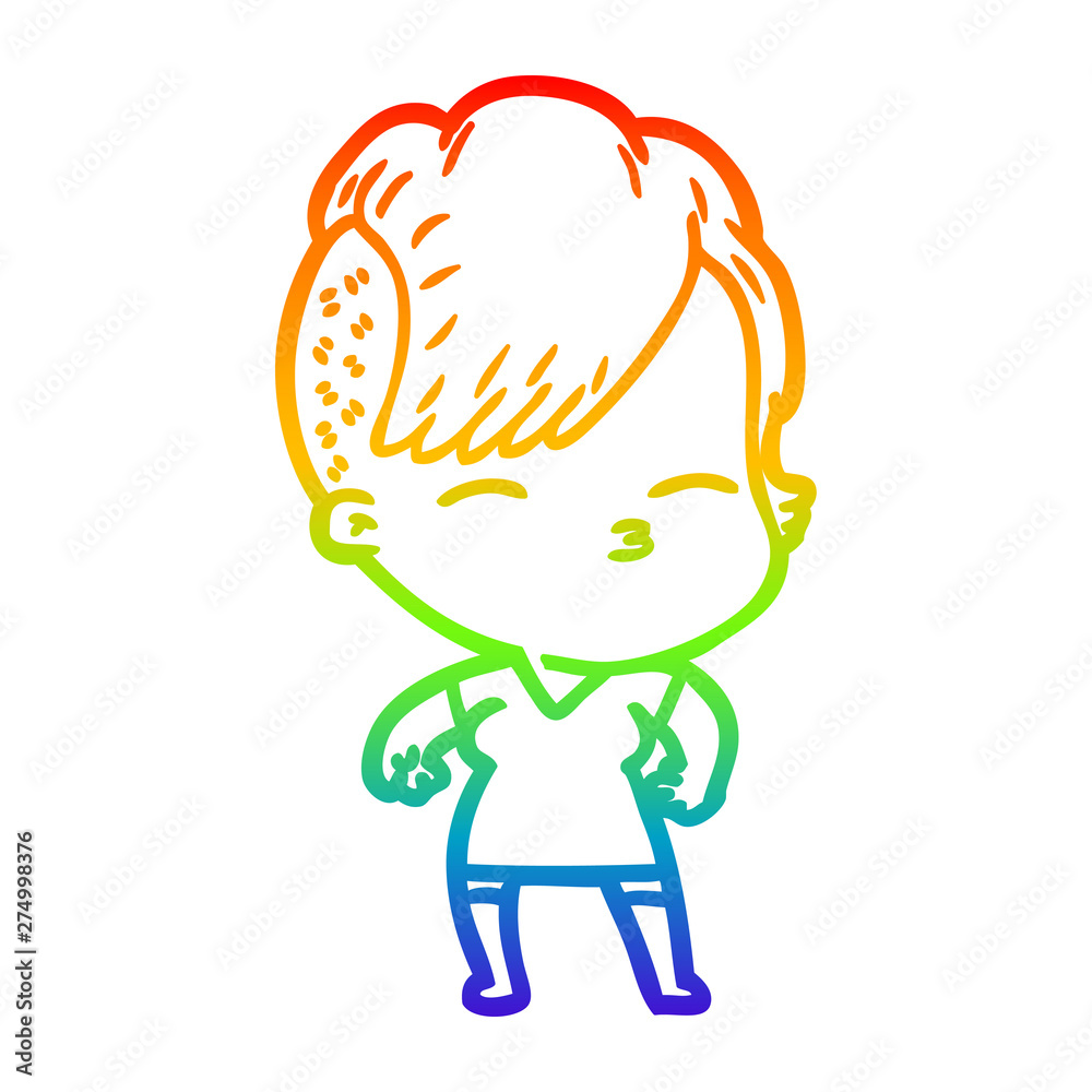 rainbow gradient line drawing cartoon squinting girl