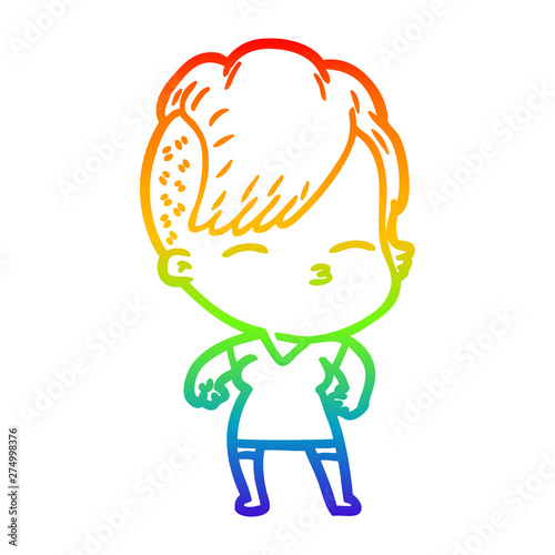 rainbow gradient line drawing cartoon squinting girl