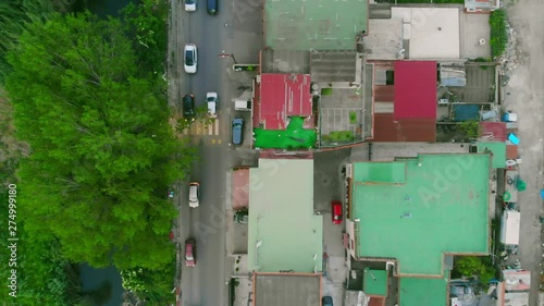 some apartment houses with street from the drone view