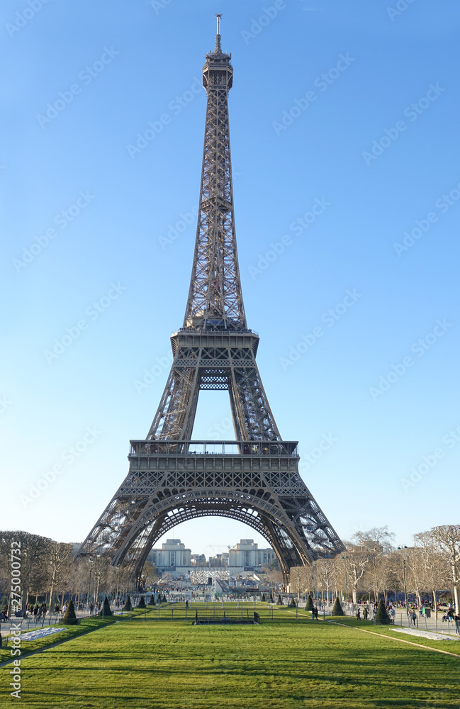 Fototapeta premium PARIS-FRANCE-FEB 25, 2019: The Eiffel Tower is a wrought-iron lattice tower on the Champ de Mars in Paris, France. It is named after the engineer Gustave Eiffel.