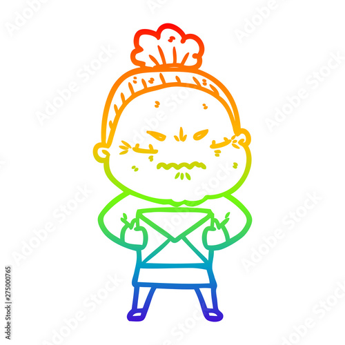 rainbow gradient line drawing cartoon annoyed old lady
