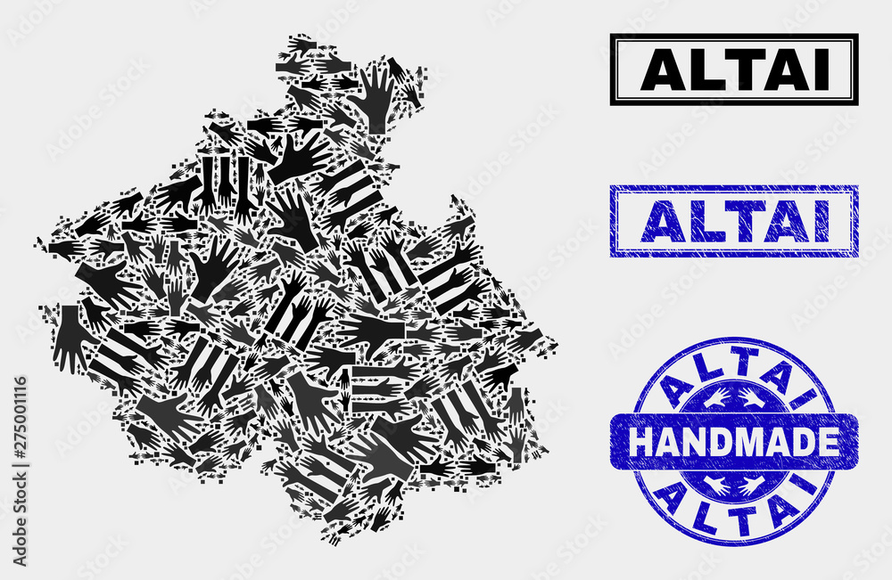 Vector handmade combination of Altai Republic map and corroded stamp seals. Mosaic Altai Republic map is made with random hands. Blue stamp imprints with corroded rubber texture. Vector handmade combination of Altai Republic map and corroded stamp seals. Mosaic Altai Republic map is made with random hands. Blue stamp imprints with corroded rubber texture.