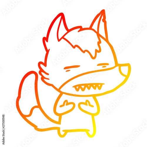warm gradient line drawing cartoon wolf showing teeth