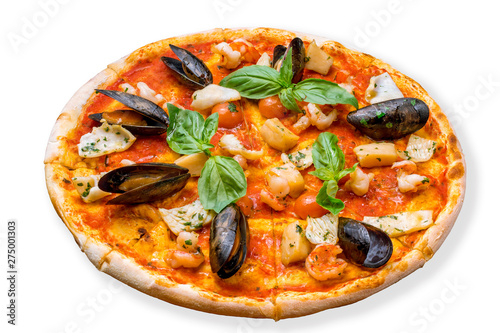 Pizza with seafood isolated on white background