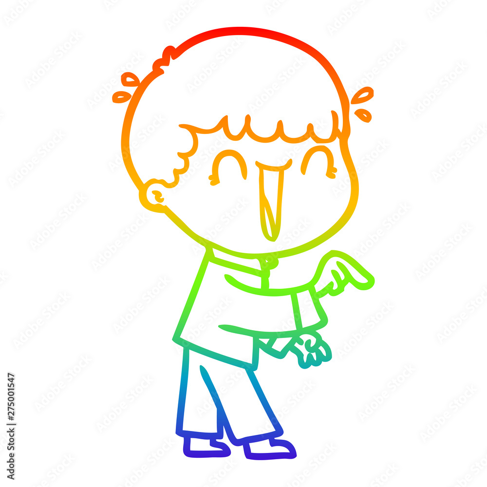 rainbow gradient line drawing laughing cartoon man pointing finger