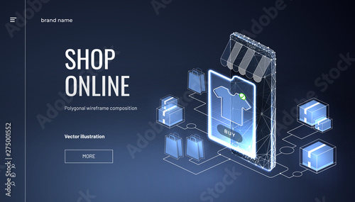 Online store. Smartphone - internet shop. Isometric smartphone with awning and clothing catalog. Concept of mobile marketing and e-commerce. Abstract isolated on blue background.