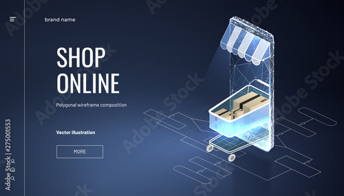 Online store. Smartphone turned into internet shop. Isometric Shopping trolley and smartphone with awning. The concept of online store development.Store analysis.Abstract isolated on black background
