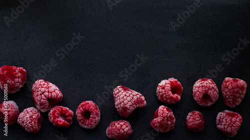 Mrożone owoce maliny na tle z czarnego kamienia photo