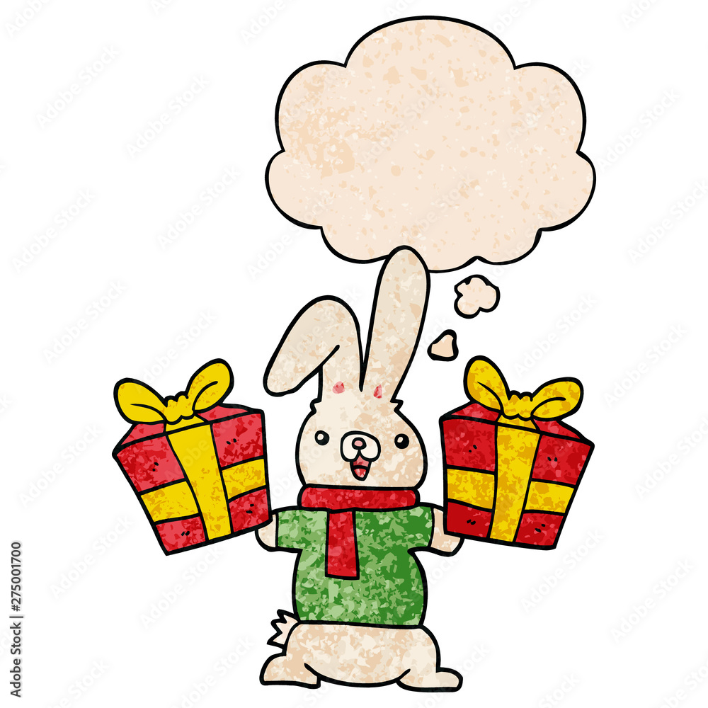Naklejka premium cartoon rabbit with christmas presents and thought bubble in grunge texture pattern style