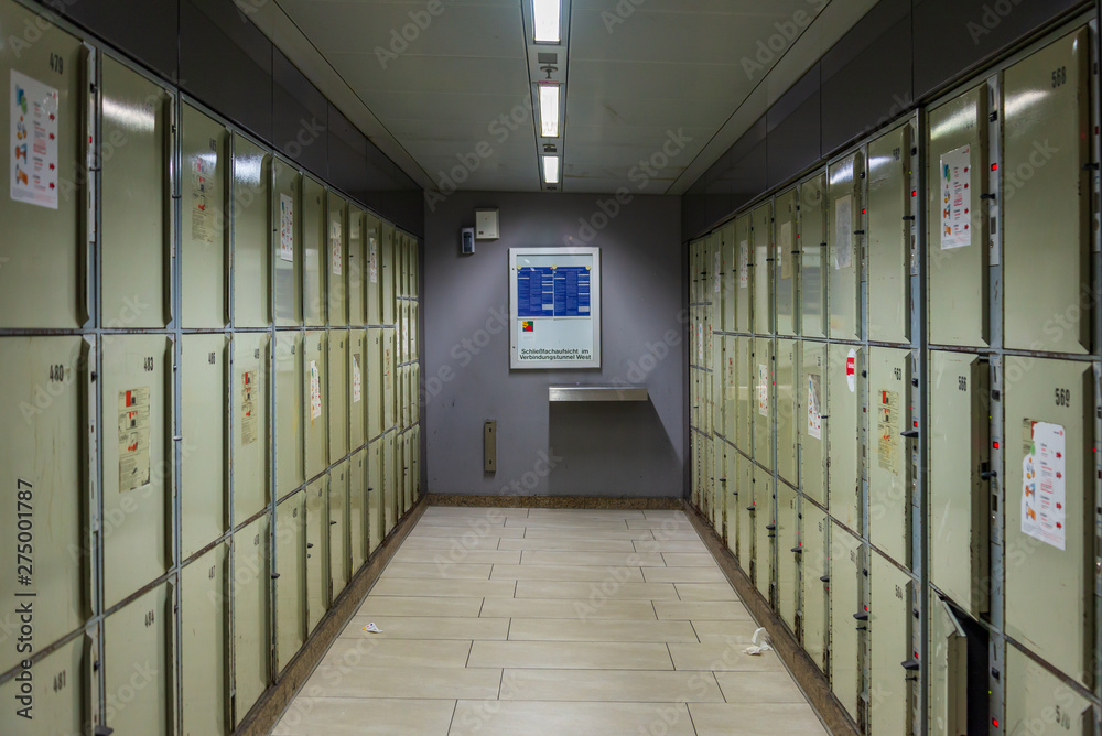 Interior view inside locker room at Düsseldorf Main Train Station in Düsseldorf, Germany.