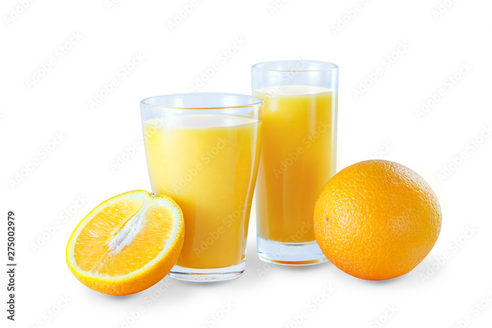 Two glasses with fresh orange juice with fruits, isolated on white background. Two glasses with fresh orange juice with fruits, isolated on white background.