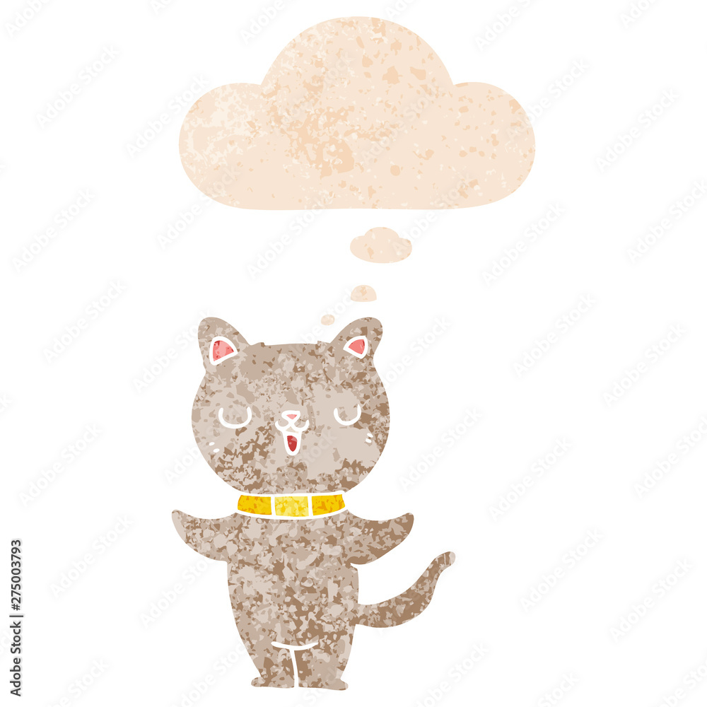 cartoon cat and thought bubble in retro textured style