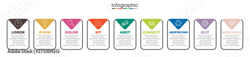Vector infographic template with nine steps or options. Illustration presentation with thin line elements icons.  Business concept graphic design can be used for web, paper brochure, diagram,