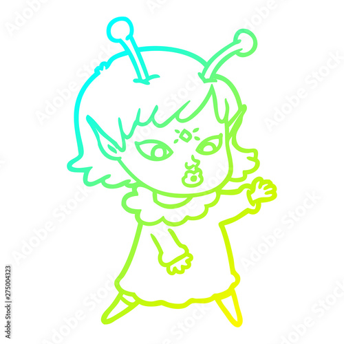 cold gradient line drawing pretty cartoon alien girl