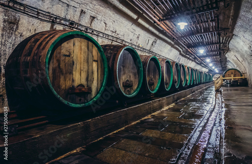 Obraz na plátně Old wooden barrels in cellars of Pilsner Urquell Brewery, Czech Republic