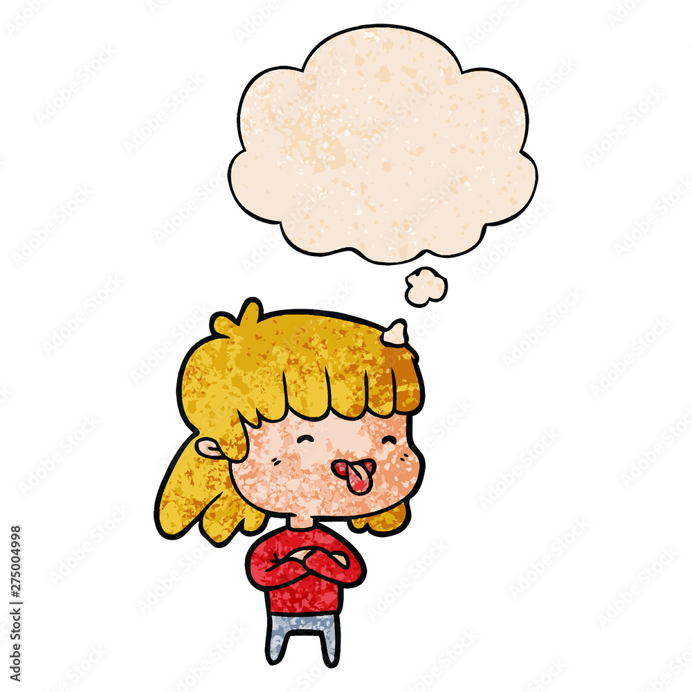 cartoon girl sticking out tongue and thought bubble in grunge texture pattern style cartoon girl sticking out tongue and thought bubble in grunge texture pattern style