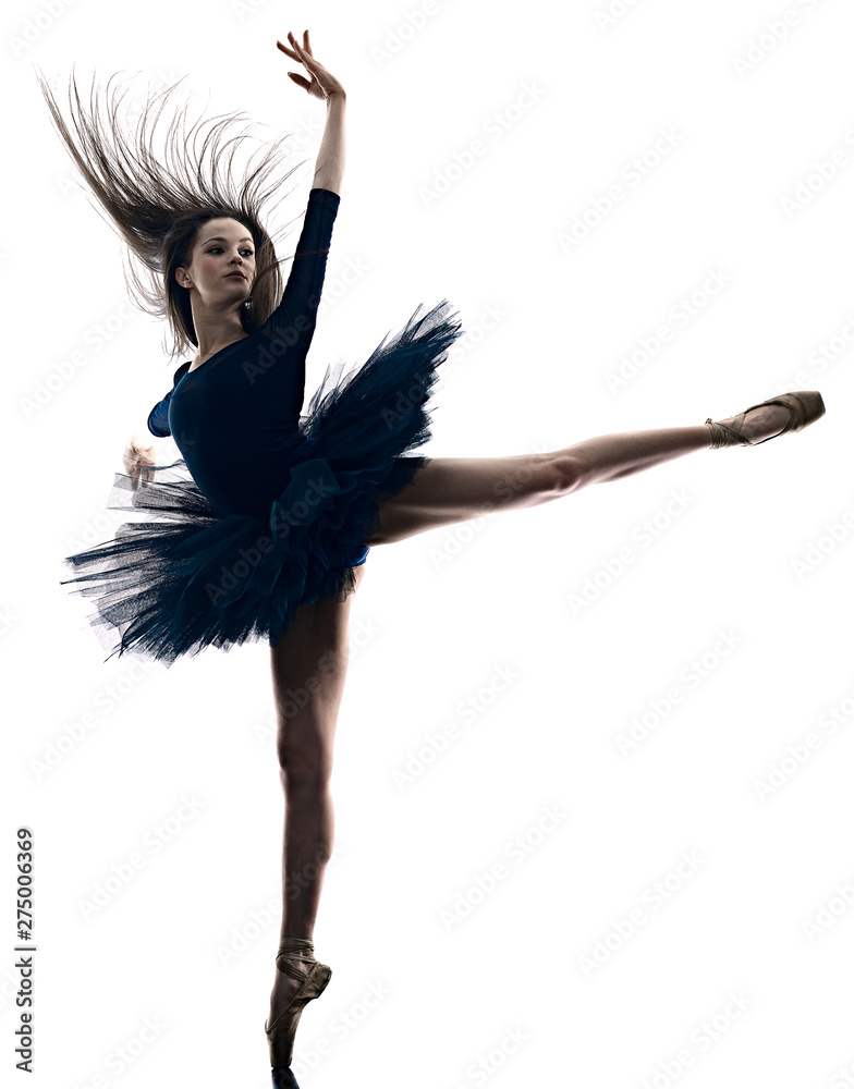 one young beautiful long hair caucasian woman ballerina ballet dancer dancing studio shot silhouette isolated on white background