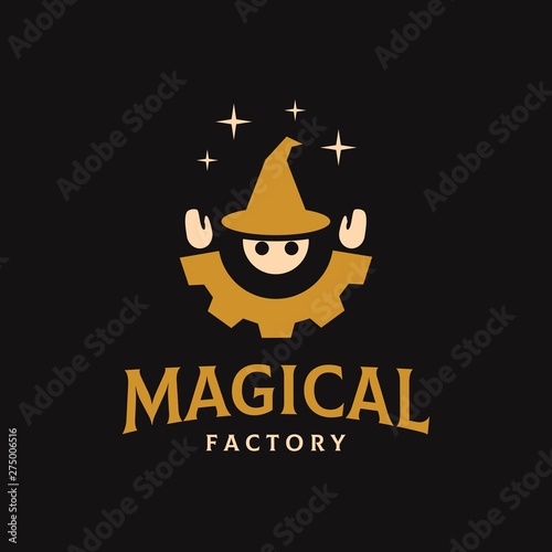 Magical wizard with clothes shaped like gear cog factory illustration logo design