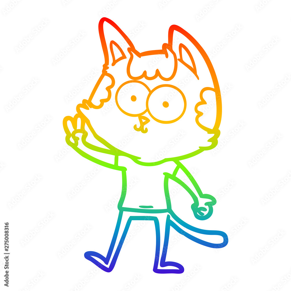 rainbow gradient line drawing happy cartoon cat giving peace sign rainbow gradient line drawing happy cartoon cat giving peace sign