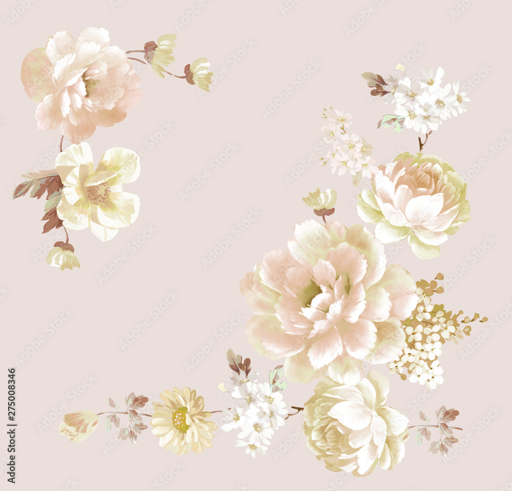 Watercolor illustration of a bouquet with a purple and delicate pink rose, leaves and bud, greeting card Watercolor illustration of a bouquet with a purple and delicate pink rose, leaves and bud, greeting card