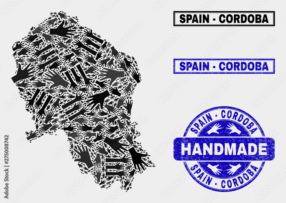 Vector handmade composition of Cordoba Spanish Province map and unclean stamp seals. Mosaic Cordoba Spanish Province map is formed of scattered hands. Blue stamp imprints with unclean rubber texture. Vector handmade composition of Cordoba Spanish Province map and unclean stamp seals. Mosaic Cordoba Spanish Province map is formed of scattered hands. Blue stamp imprints with unclean rubber texture.
