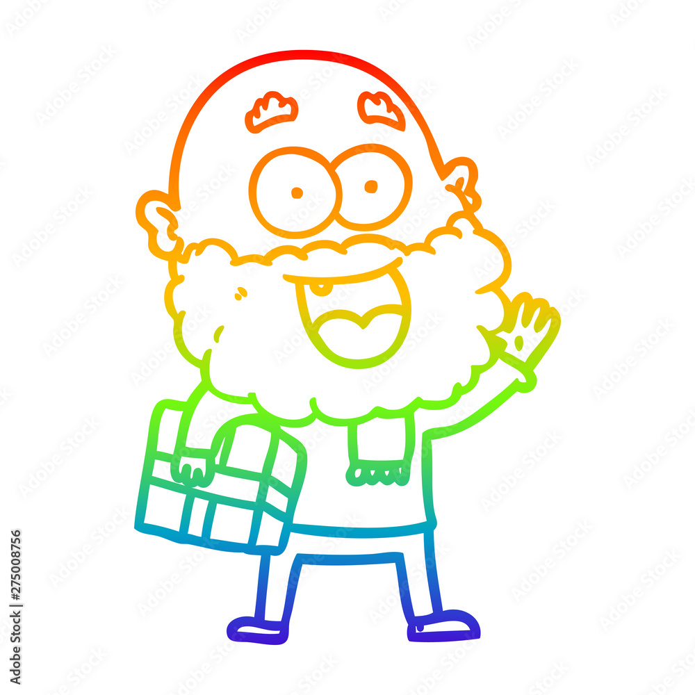 rainbow gradient line drawing cartoon crazy happy man with beard and gift under arm