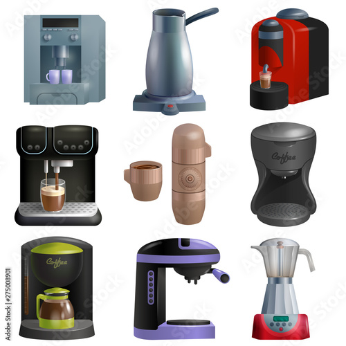 Coffee machine vector coffeemaker and coffee-machine for espresso drink with caffeine in cafe illustration set of professional equipment making cappuccino beverage isolated on white background