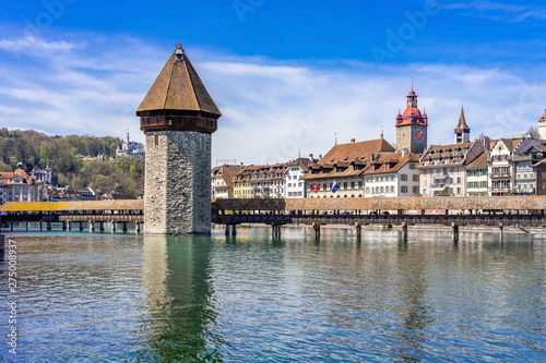 Panoramic view of city center of Lucerne with famous Chapel Bridge and lake Lucerne (Vierwaldstatersee), Canton of Lucerne, Switzerland