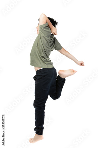Portrait of happy little Asian child jumping isolated on white