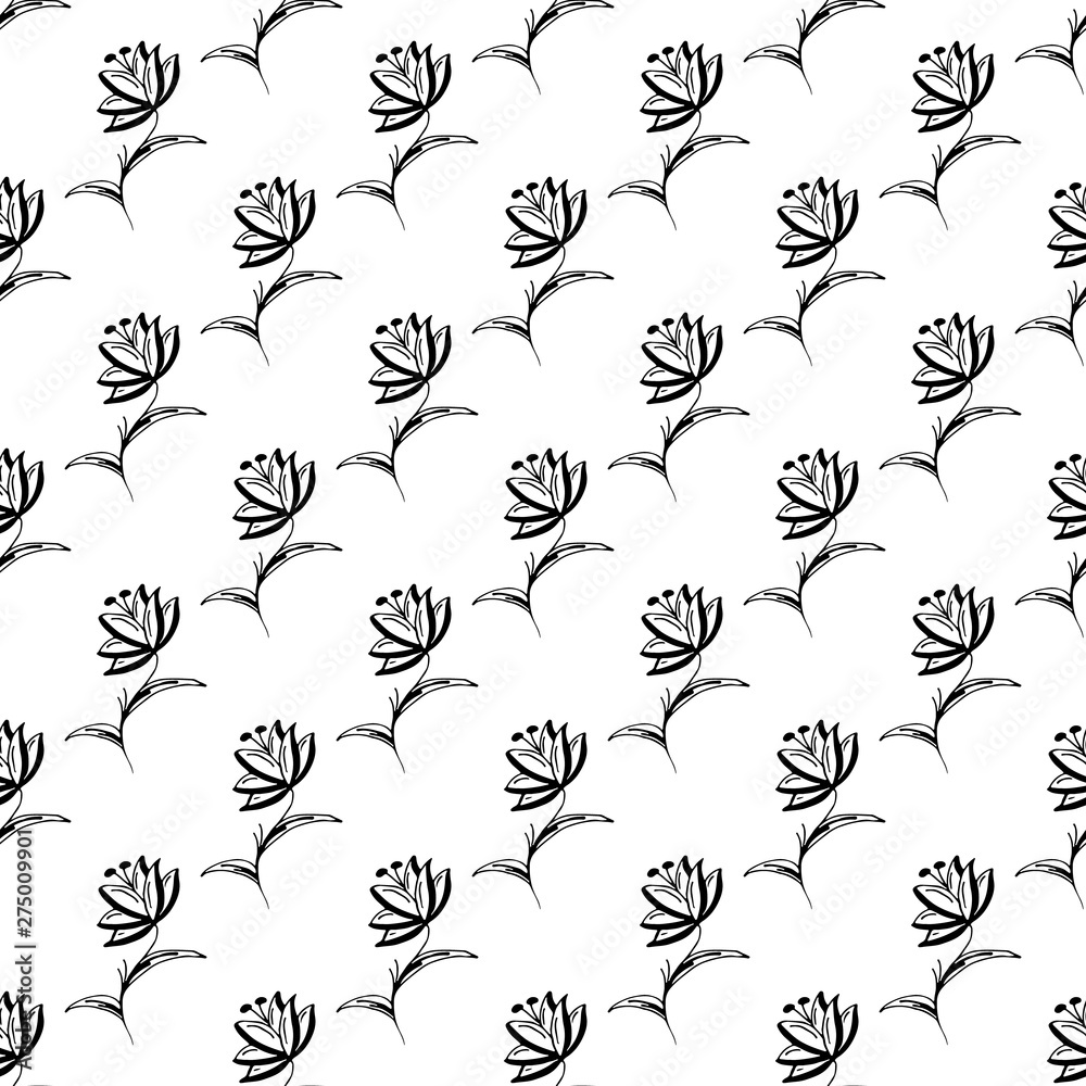 Seamless hand drawn pattern of abstract rose flowers isolated on white background. Vector floral illustration. Cute doodle modern isolated pop art elements. Outline. Seamless hand drawn pattern of abstract rose flowers isolated on white background. Vector floral illustration. Cute doodle modern isolated pop art elements. Outline.