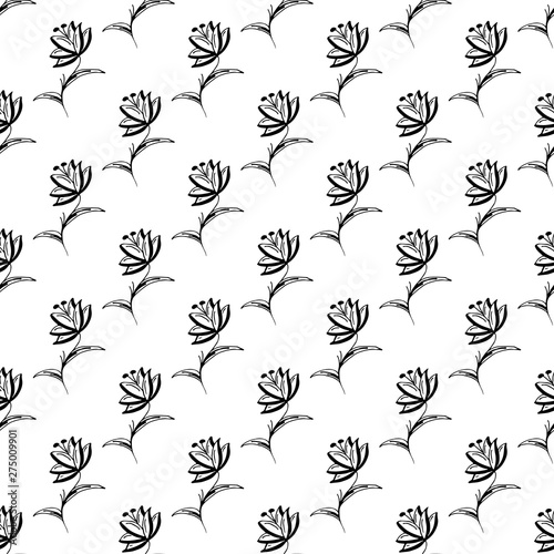 Seamless hand drawn pattern of abstract rose flowers isolated on white background. Vector floral illustration. Cute doodle modern isolated pop art elements. Outline.