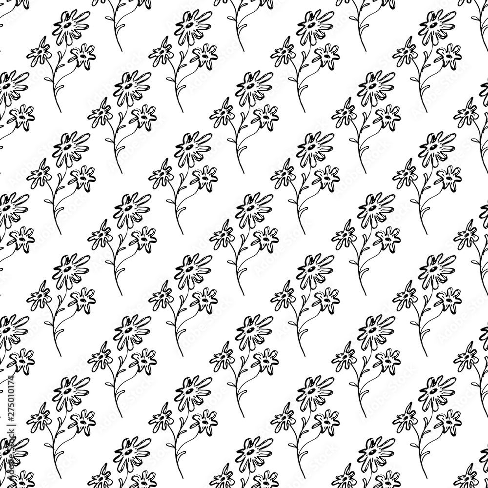 Seamless hand drawn pattern of abstract daisies flowers isolated on white background. Vector floral illustration. Cute doodle modern isolated pop art elements. Outline