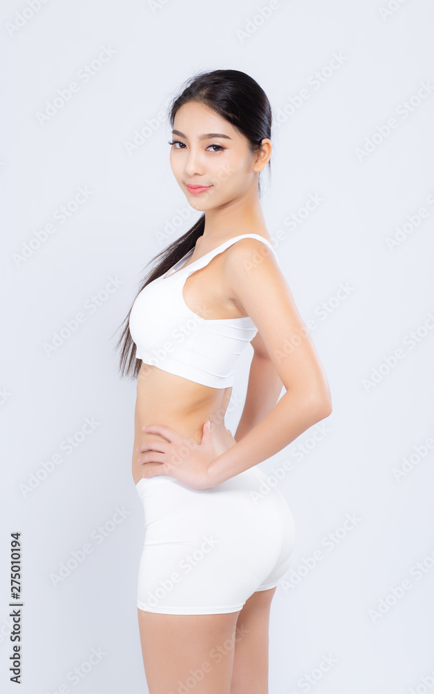 Portrait young asian woman smiling beautiful body diet with fit isolated on white background, model girl weight slim with cellulite or calories, health and wellness concept. Portrait young asian woman smiling beautiful body diet with fit isolated on white background, model girl weight slim with cellulite or calories, health and wellness concept.