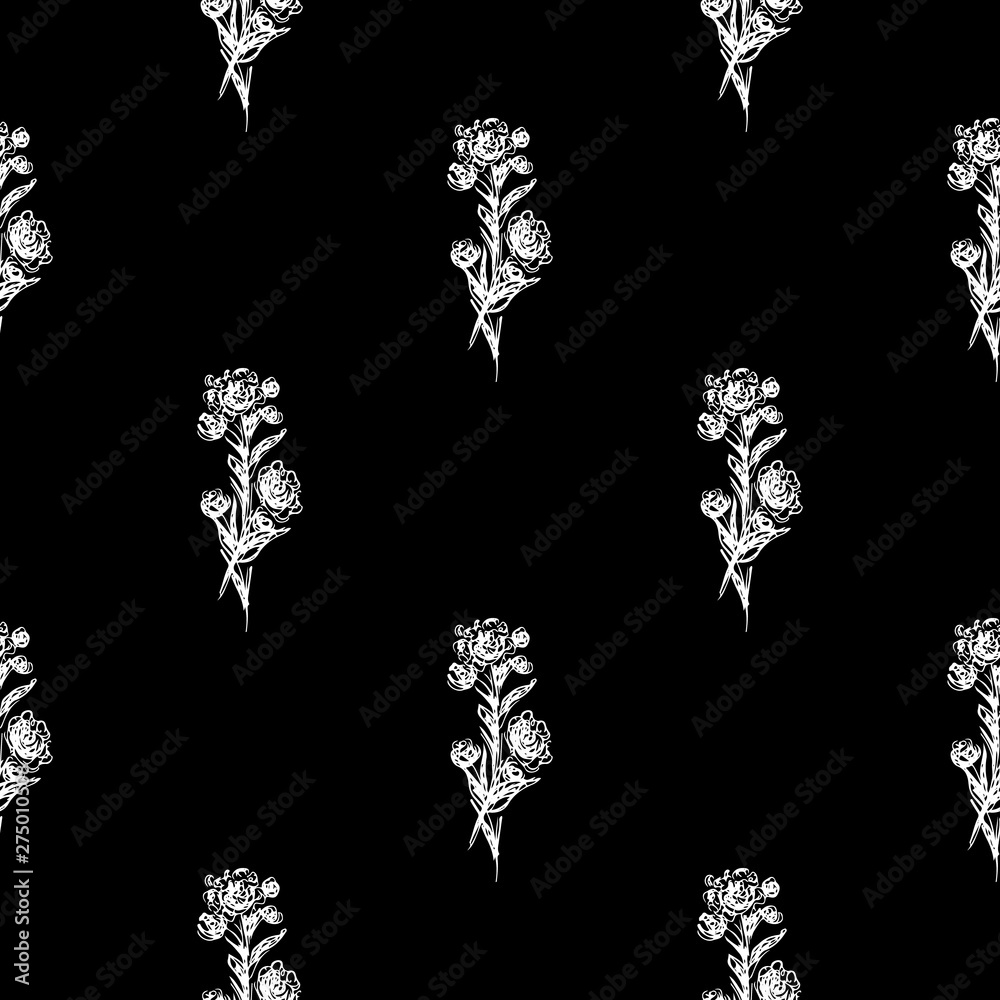 Fototapeta premium Seamless hand drawn pattern of abstract rose flowers isolated on black background. Vector floral illustration. Cute doodle modern isolated pop art elements. Outline