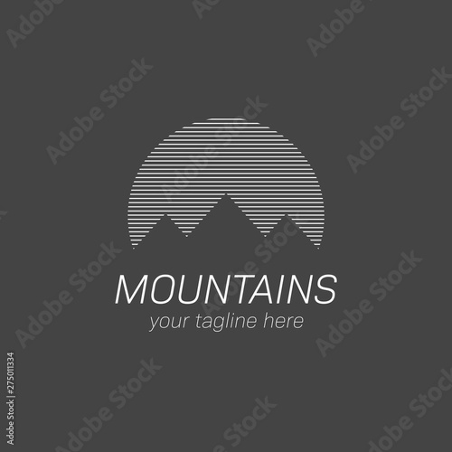 Simple vector mountain logo with hatched line pattern. Rock Mountains landscape geometric camp adventure nature icon logo