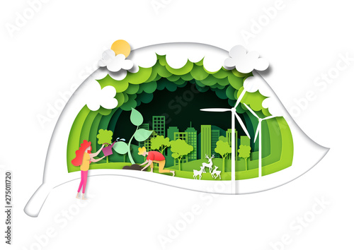 Save the world with ecology and environment conservation concept.People plant the tree on eco city with green leaf background layers paper art style.Vector illustration.