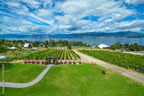 Beautiful view of Okanagan lake with winery vineyard in the front, mountains on horizon, and blue sky background. Kelowna, British Columbia. photo