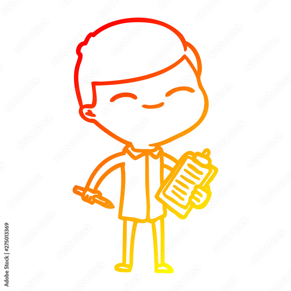 warm gradient line drawing cartoon smiling man with clip board