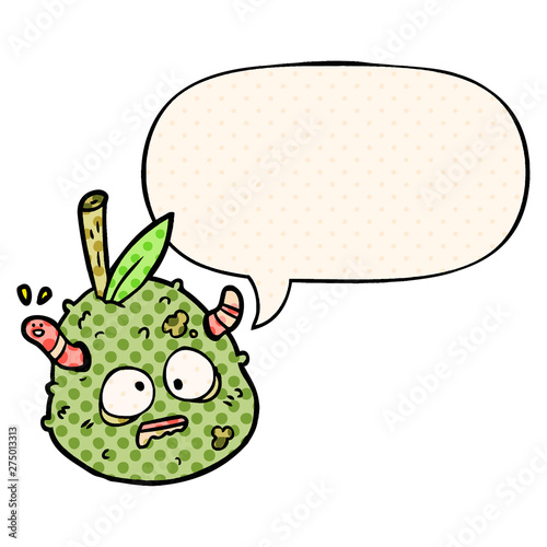 cartoon rotting old pear and worm and speech bubble in comic book style