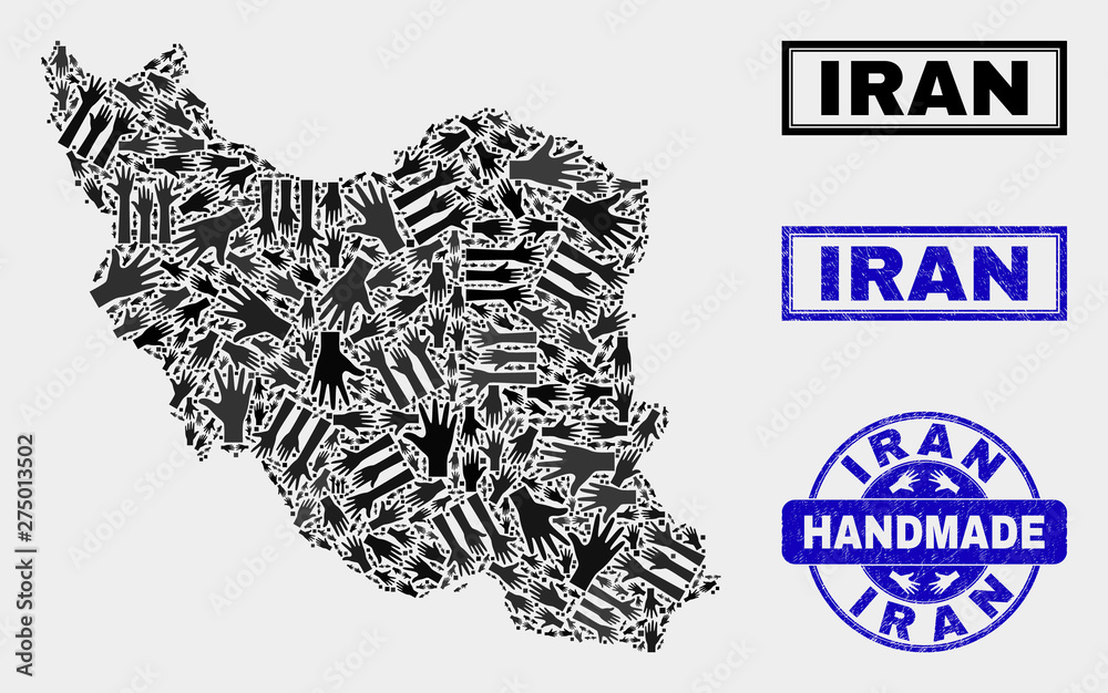 Vector handmade collage of Iran map and corroded watermarks. Mosaic Iran map is made with random hands. Blue watermarks with grunge rubber texture. Flat illustration for handmade service templates.
